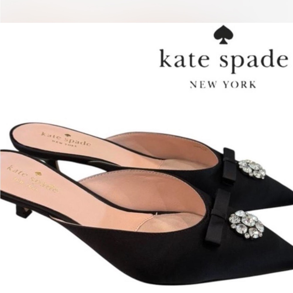 Kate Spade Darlene Black Satin Jewelled Bow Kitten Heel Slide Mules 8.0 -Defaced